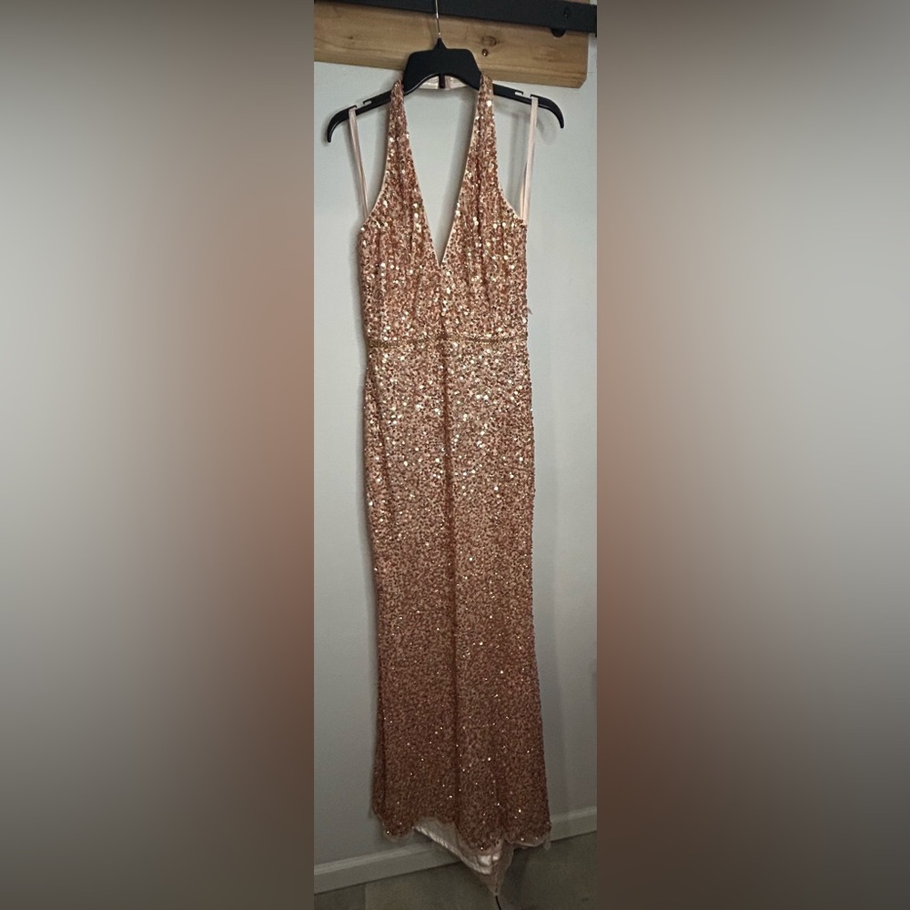 Mac Duggal Rose Gold Sequin Halter Evening Gown - Picture 2 of 9